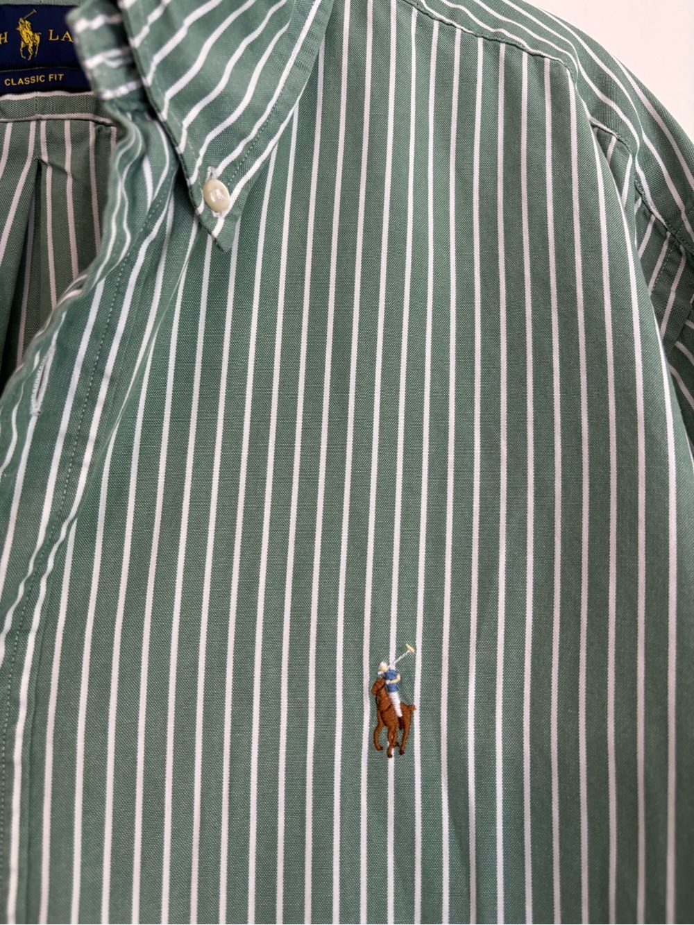 Polo Ralph Lauren Green White Striped Oxford Button-Down Shirt Classic Fit 17.5 - Picture 2 of 10